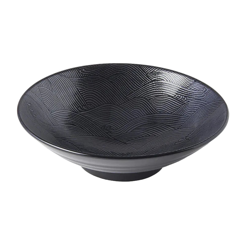 Japanese Ceramic Ramen Bowl 24.5cm — Black Wave Glaze