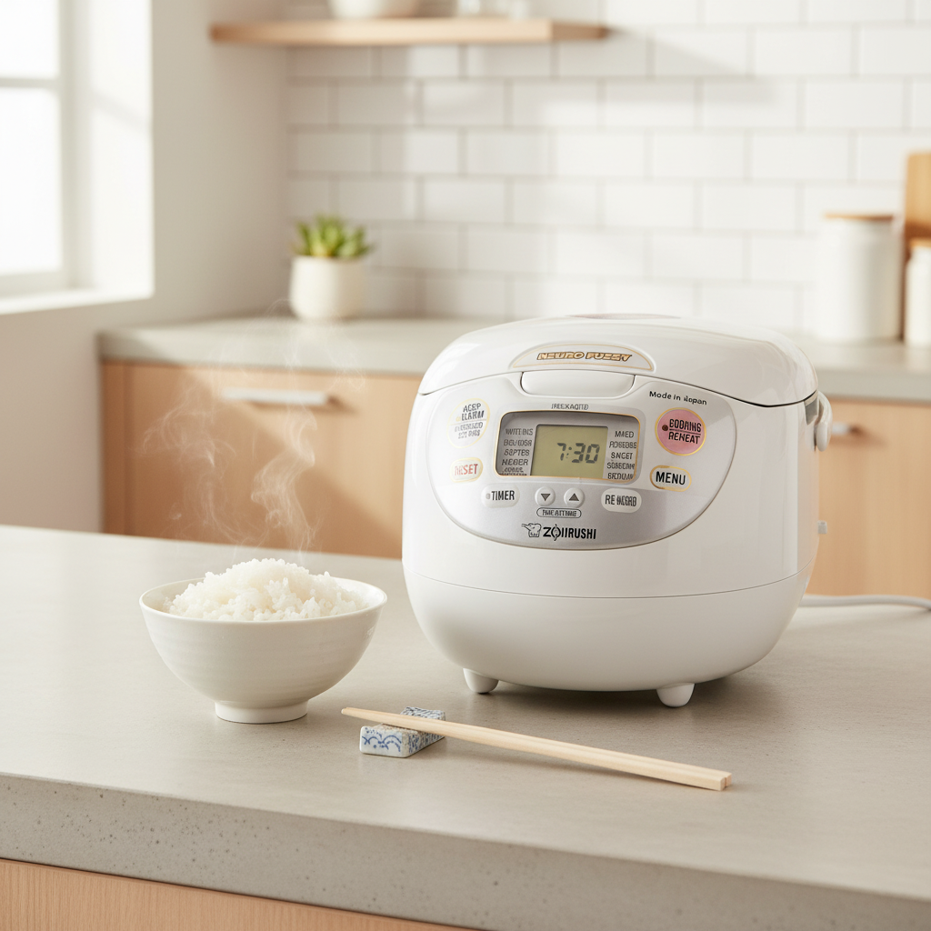Zojirushi NS-ZAQ18 rice cooker on Japanese kitchen countertop with fluffy rice and chopsticks on rest
