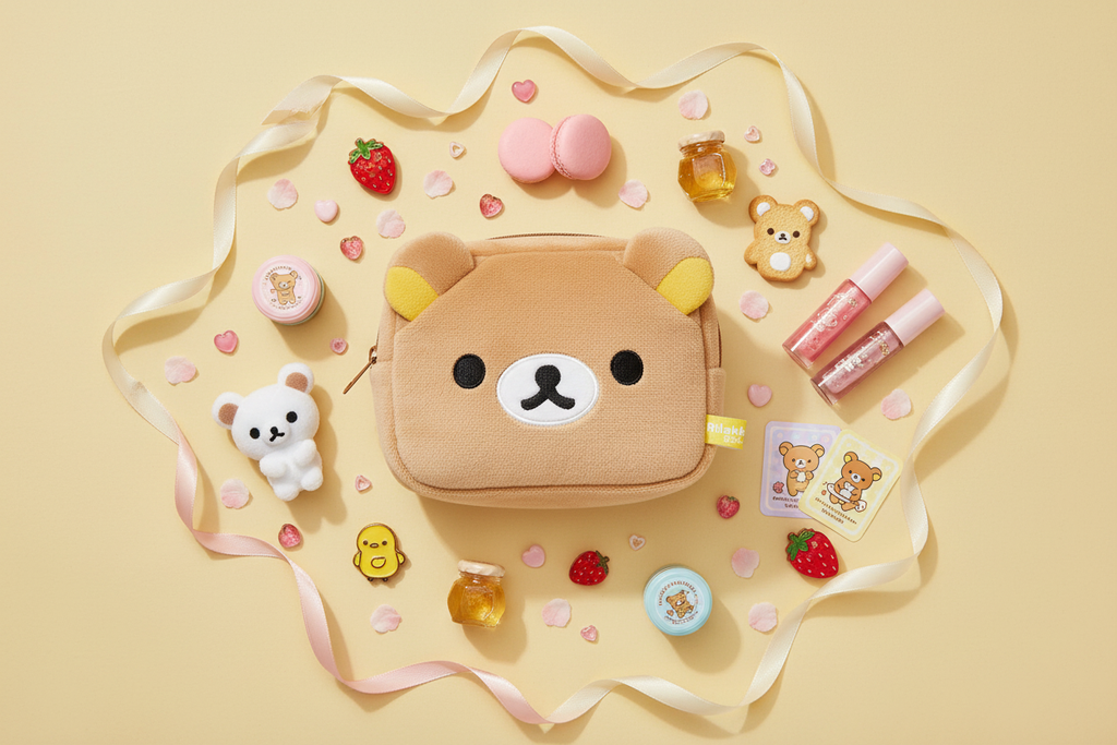 Rilakkuma plush multi case flat lay with character friends and sweet accessories