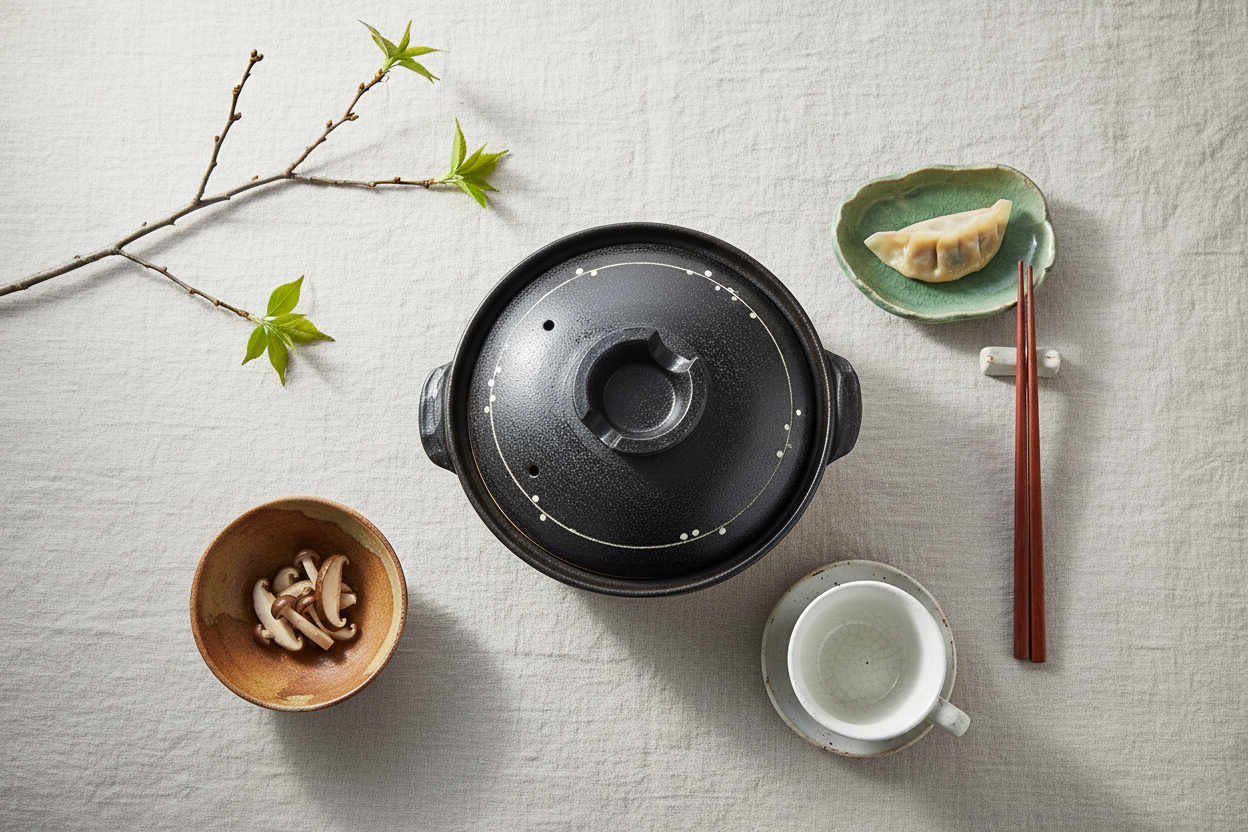 Banko Yaki Kokuyu Line donabe flat lay with Japanese dining elements