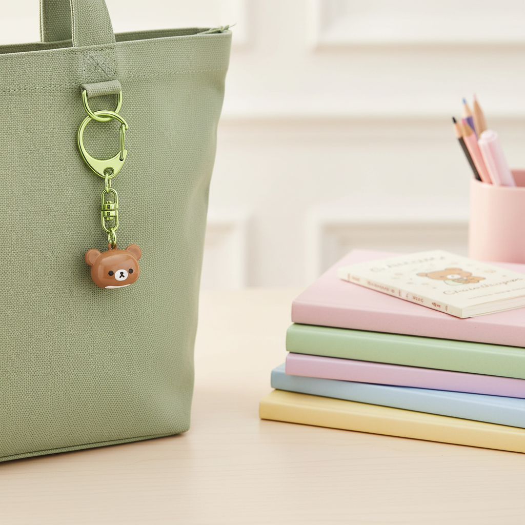 Chairoikoguma Komorebi Camp bell keychain hanging under tote bag handle on pastel book stack