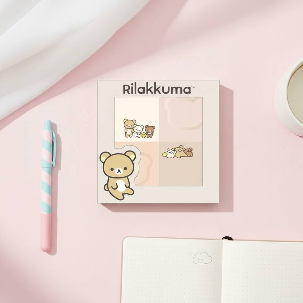 Rilakkuma Palette Sticky Notes lifestyle flat lay on pastel pink desk with pen and notebook