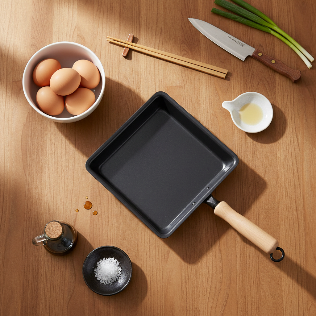 Japanese tamagoyaki pan flat lay with eggs and chopsticks