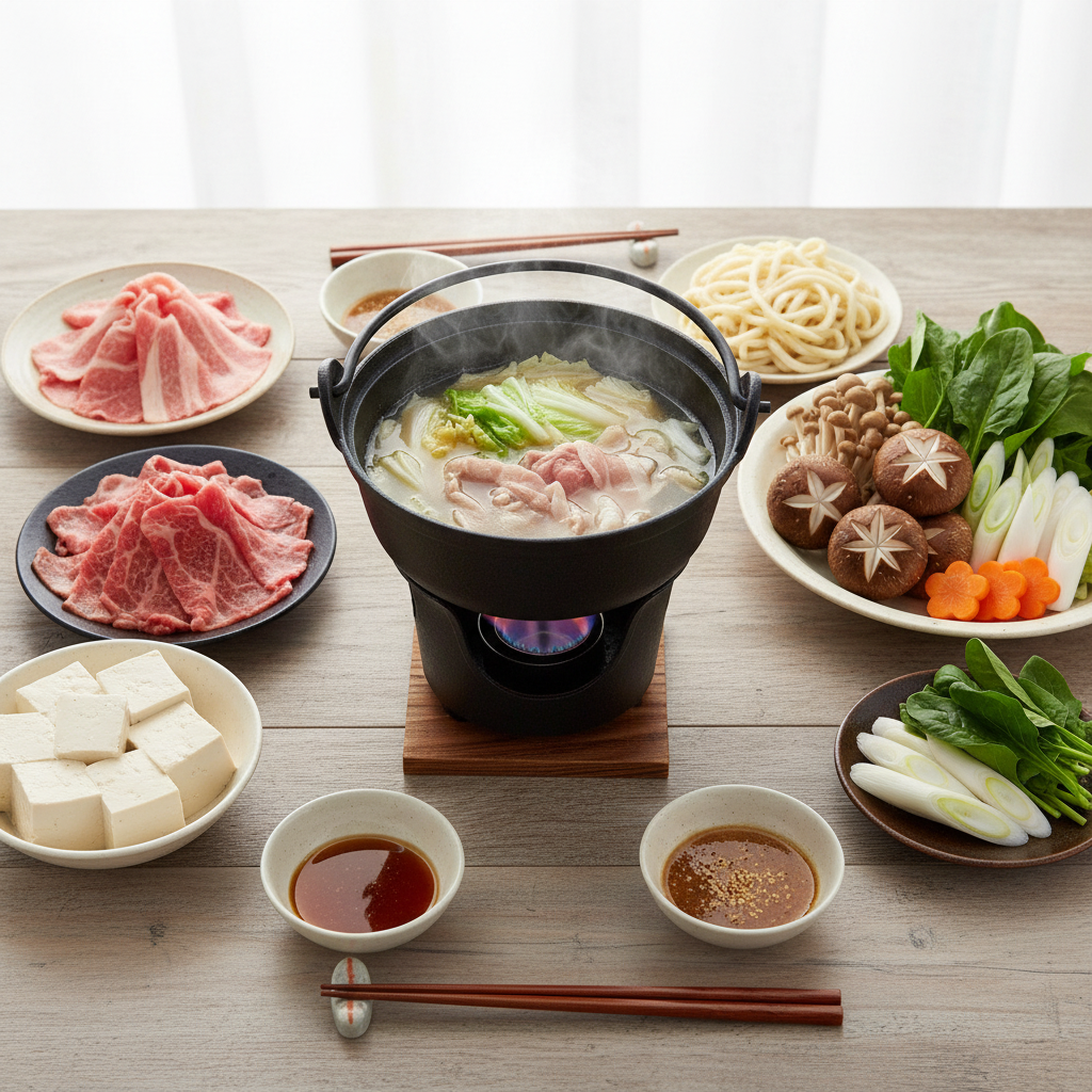 IRORI Nabe hot pot flat lay with fresh ingredients