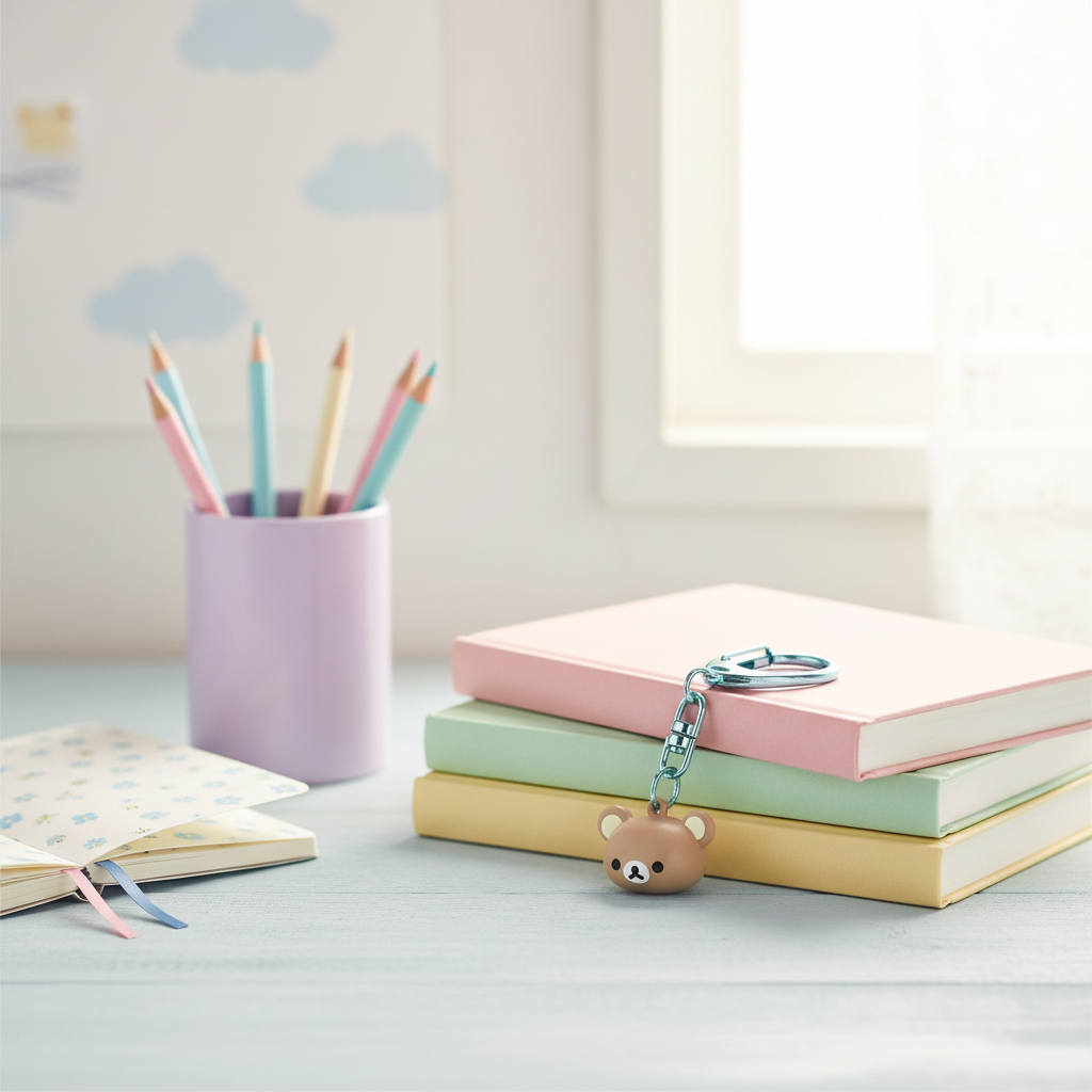 Rilakkuma Komorebi Camp bell keychain hanging naturally from a stack of pastel books on a kawaii desk scene
