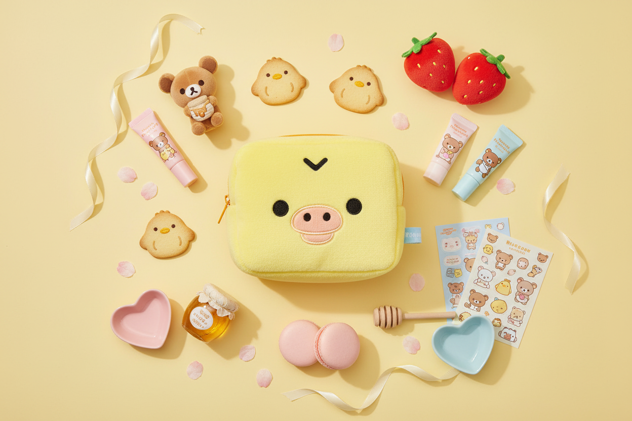 Kiiroitori plush makeup bag flat lay with Rilakkuma characters and sweet accessories