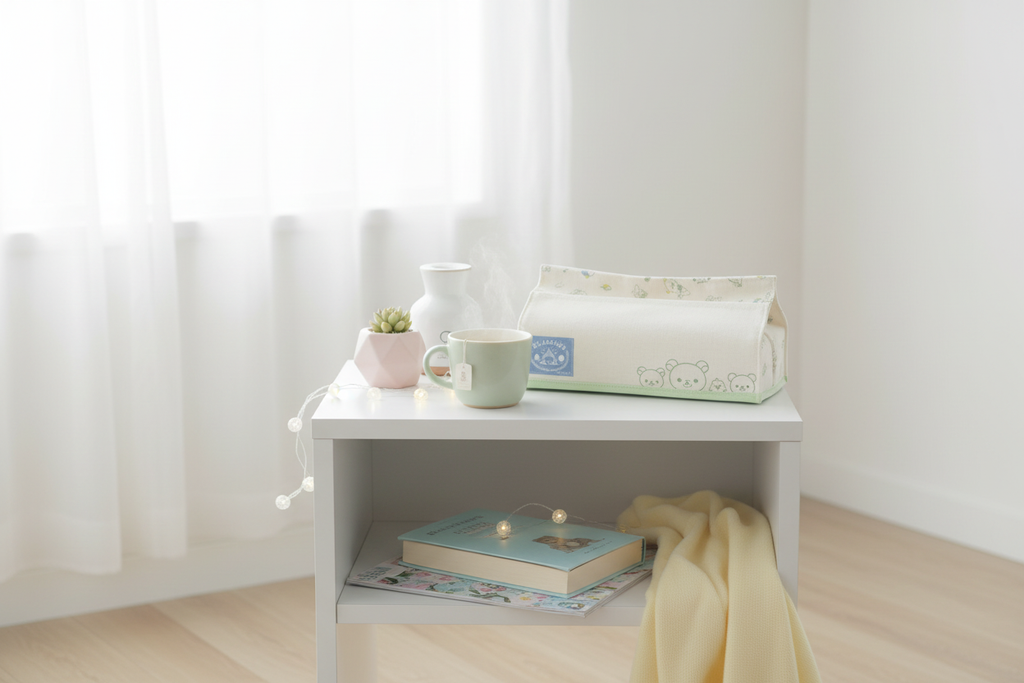 Rilakkuma Komorebi Camp tissue box cover home lifestyle on side table