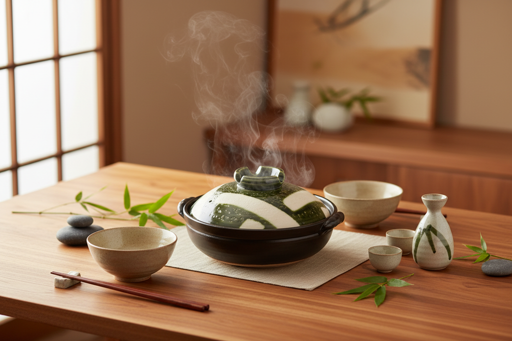 Banko Yaki Oribe Koushi donabe on dining table lifestyle