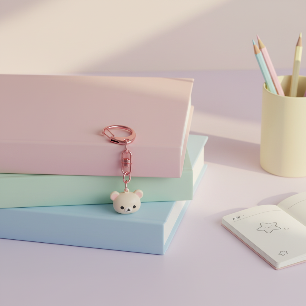 Korilakkuma Komorebi Camp bell keychain hooked onto a stack of pastel books on a kawaii desk scene