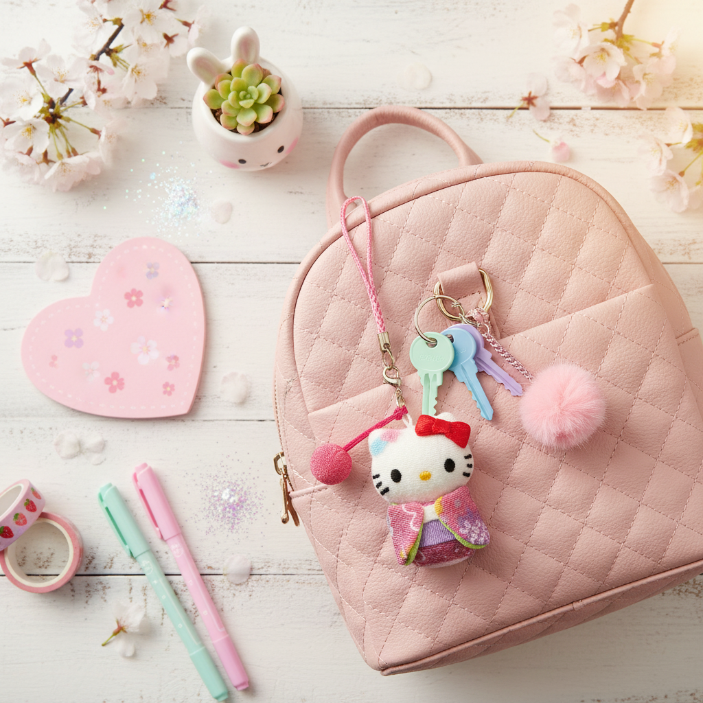 Sanrio Hello Kitty Japanese Doll Chirimen Netsuke Keychain (Crepe Pattern / Hand Drum)