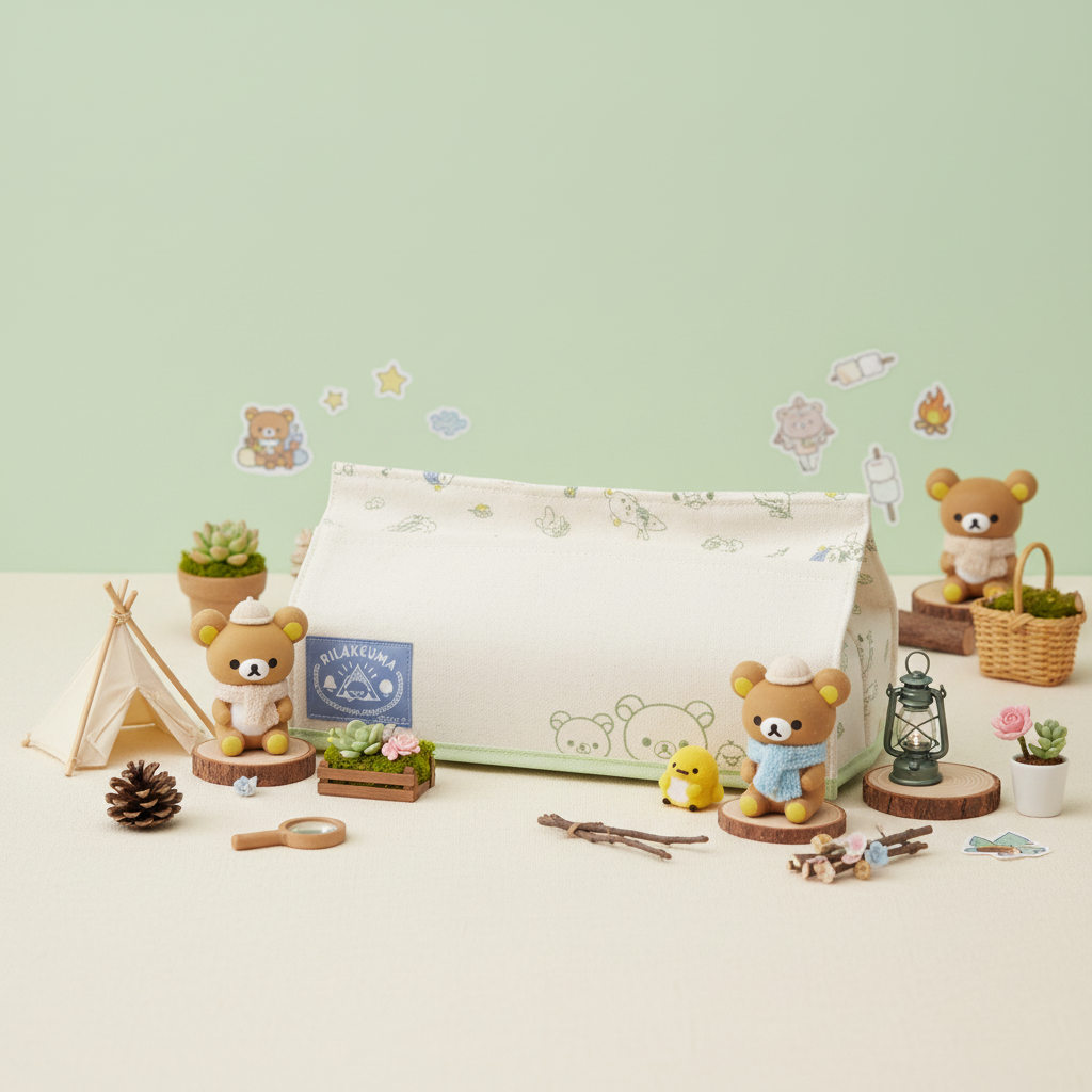 Rilakkuma Komorebi Camp tissue box cover with camping props on pastel background