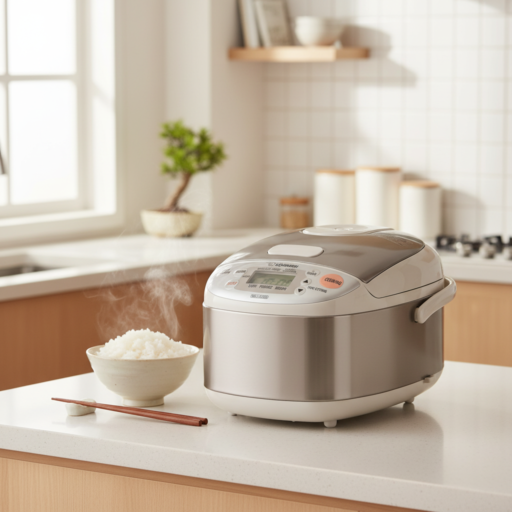 Zojirushi NS-LAQ05 rice cooker on a modern Japanese kitchen countertop with fluffy steaming rice