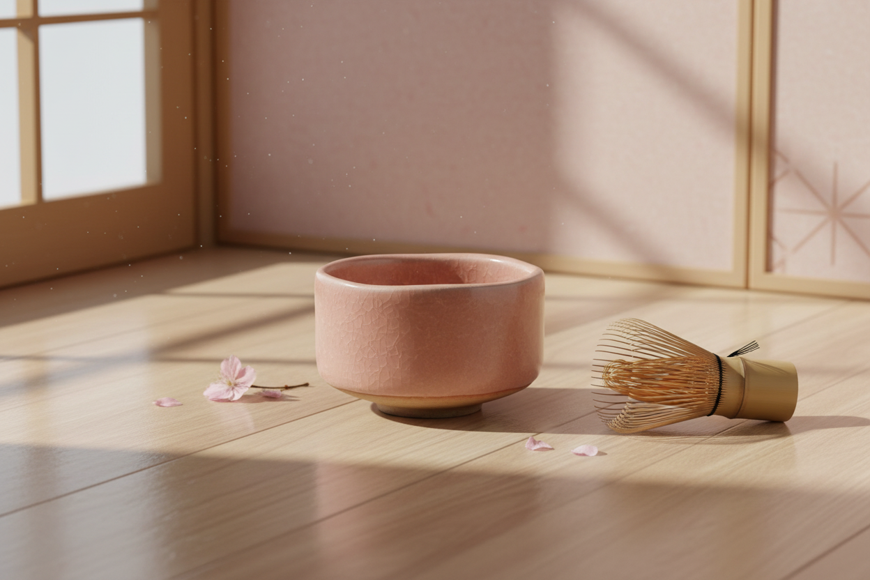Light pink matcha bowl with bamboo whisk tea ceremony setup