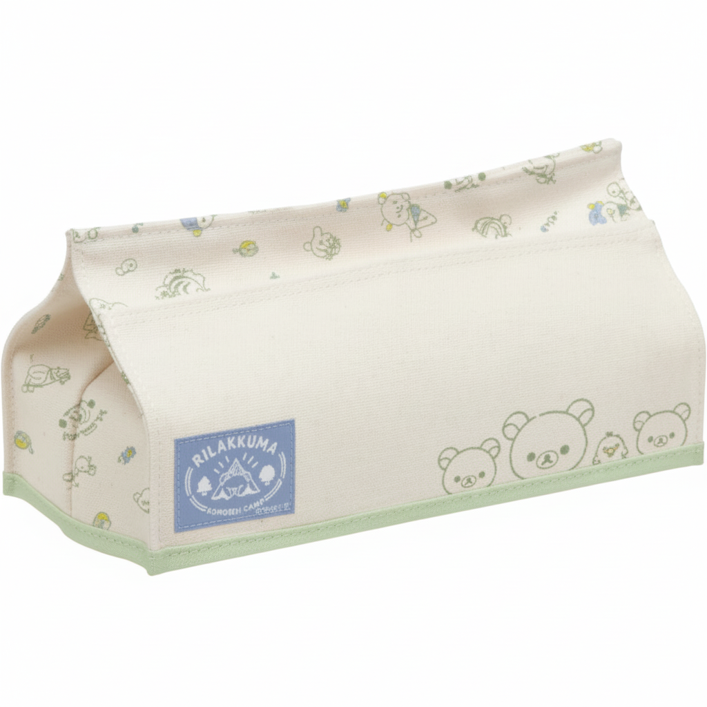 Rilakkuma Komorebi Camp tissue box cover clean product photo with blue label