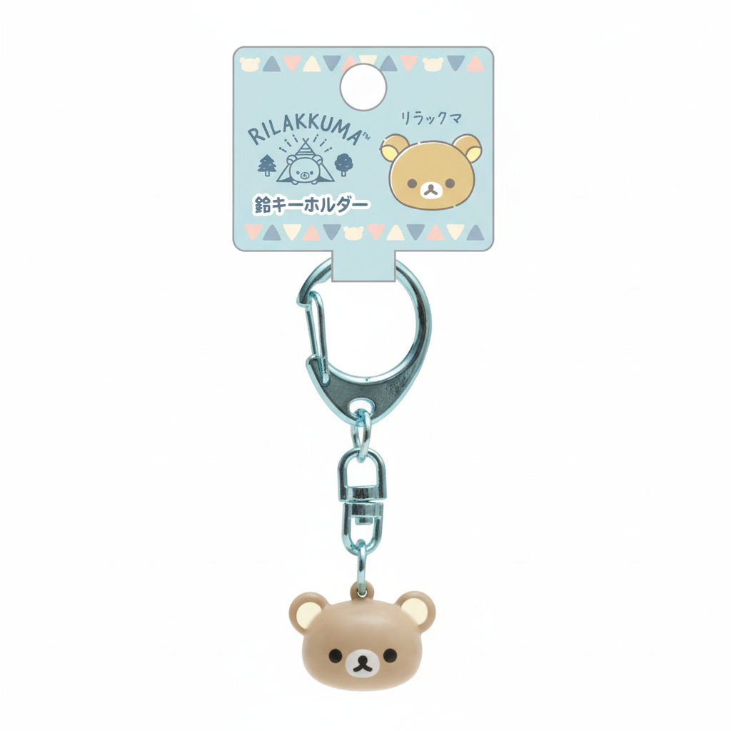 Rilakkuma Bell Keychain Komorebi Camp on clean white background with product tag