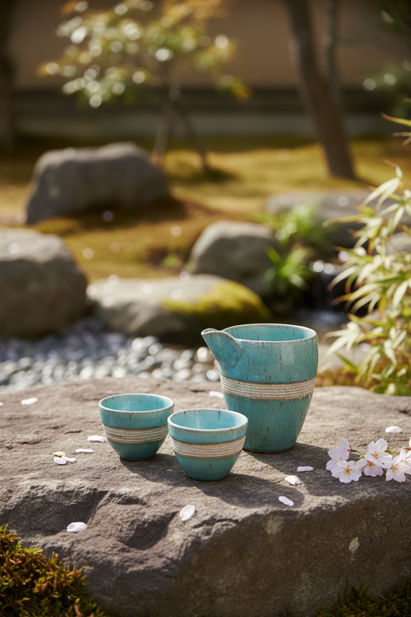 Kinyou Blue & White Line Cold Sake Set - Japanese garden outdoor lifestyle