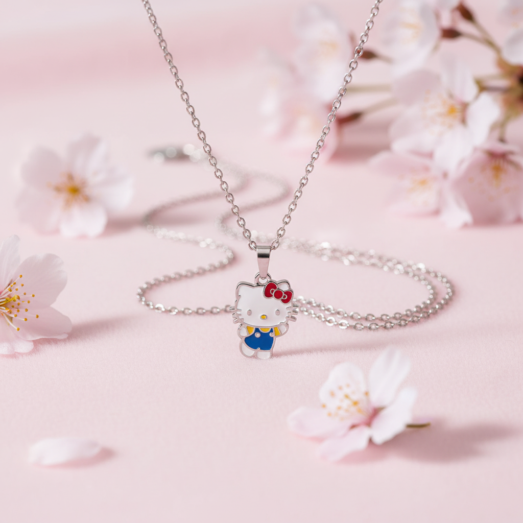 Hello Kitty necklace with cherry blossoms, kawaii lifestyle