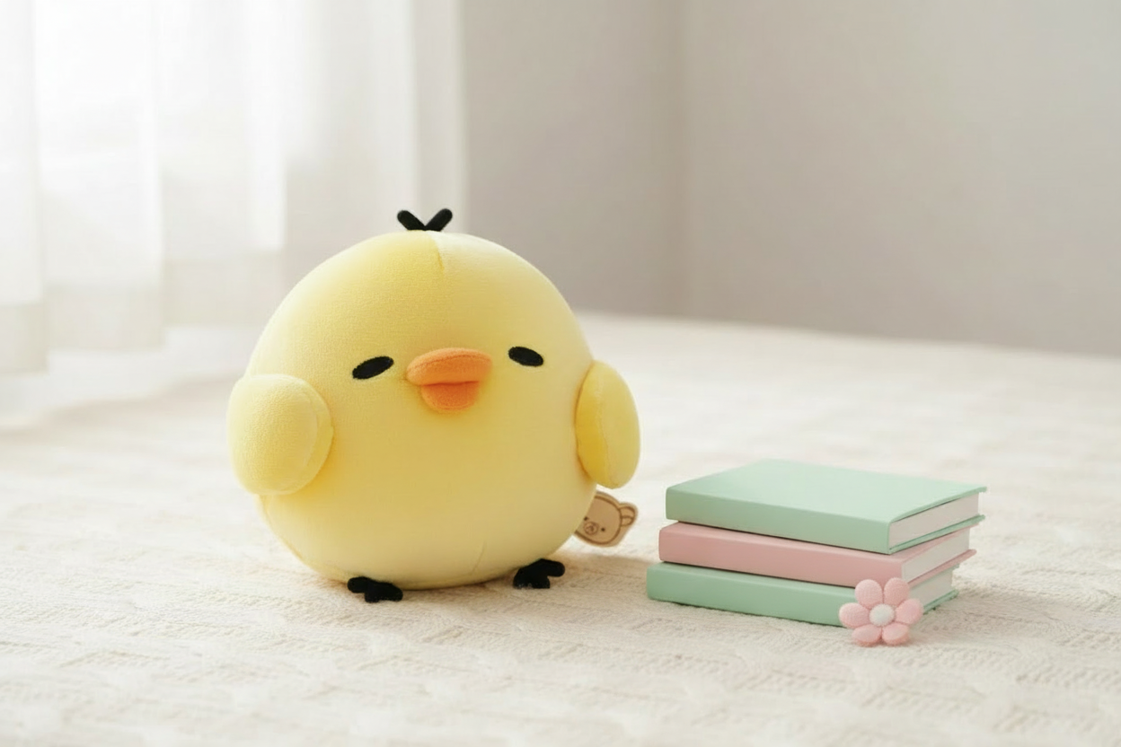 San-X Kiiroitori Rilakkuma plush toy sitting beside pastel pink and mint books with a small flower