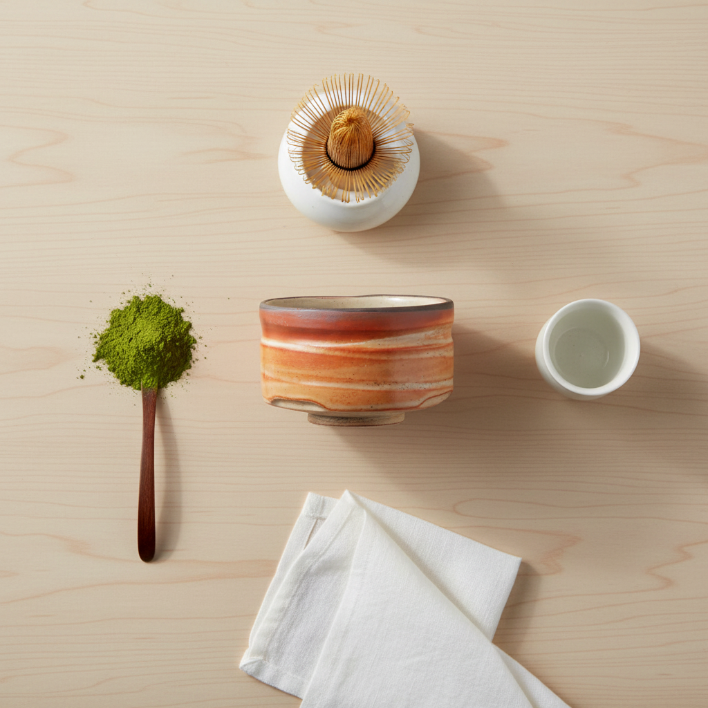 Orange matcha bowl flat lay with tea accessories