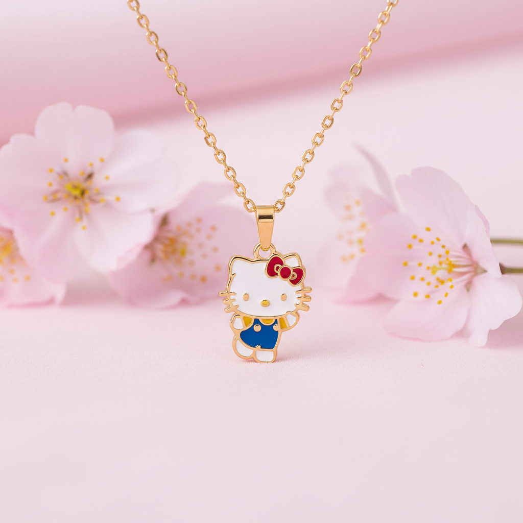 Gold Hello Kitty pendant close-up with cherry blossoms, kawaii lifestyle