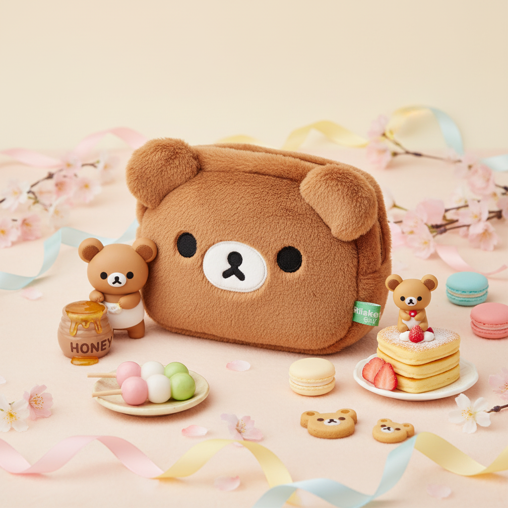 Chairoikoguma plush case with sweet Rilakkuma props on pastel background
