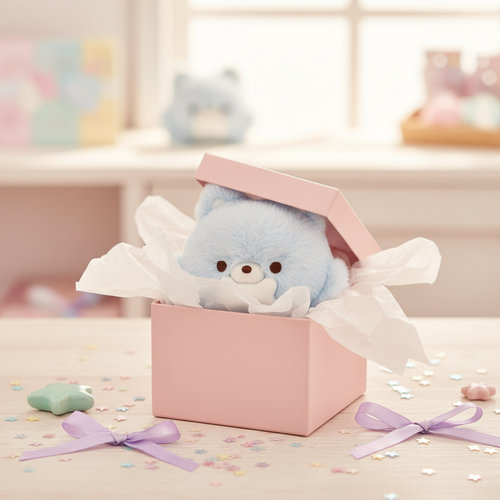 Aoiko Ookami plush toy in a pastel pink gift box with tissue paper and star confetti