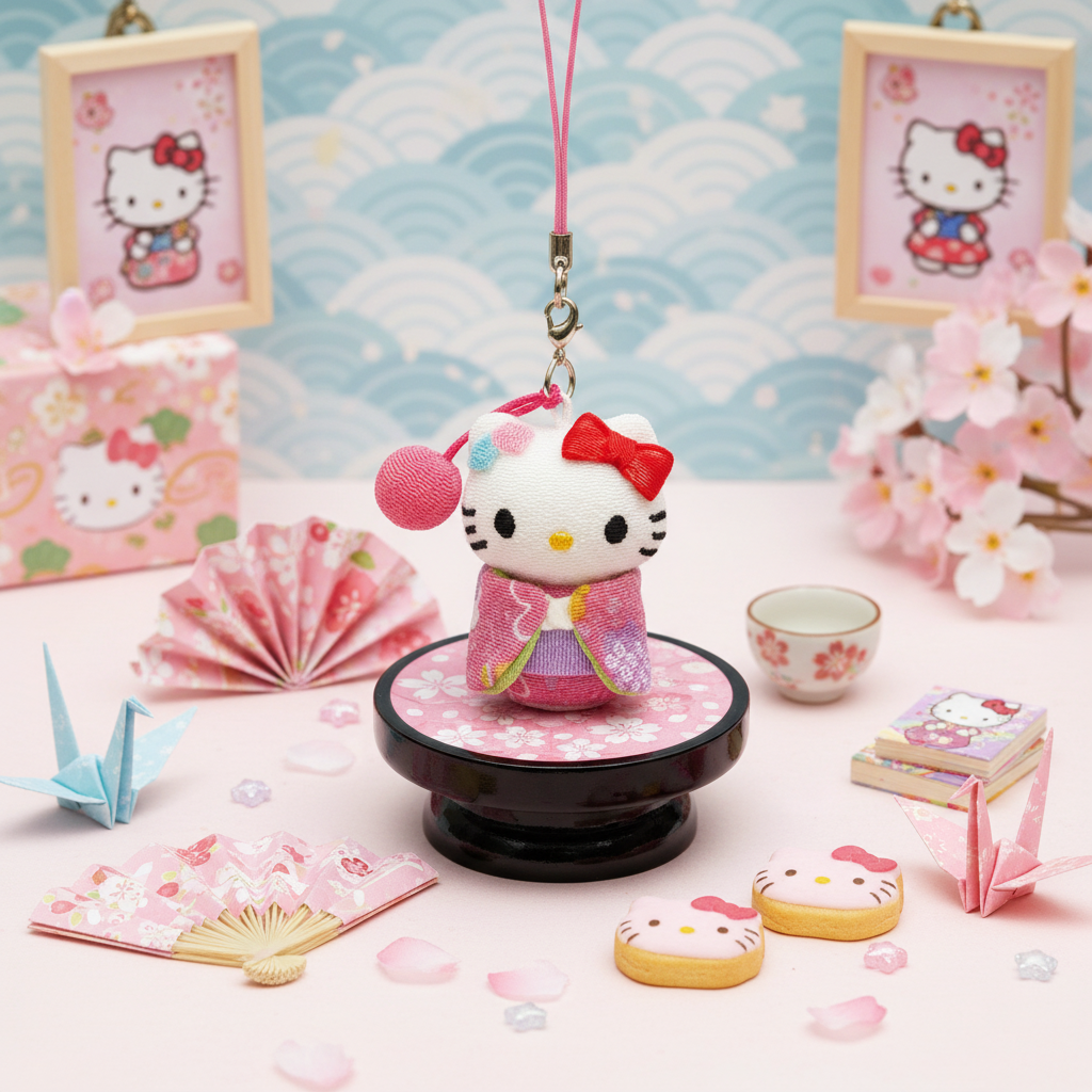 Sanrio Hello Kitty Japanese Doll Chirimen Netsuke Keychain (Crepe Pattern / Hand Drum)