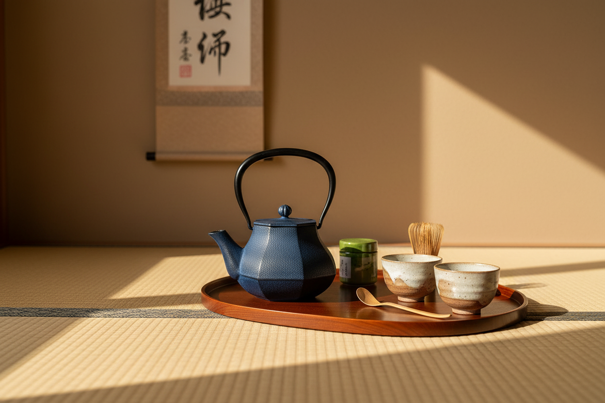 Traditional Japanese tea ceremony with blue Nambu Tekki kettle