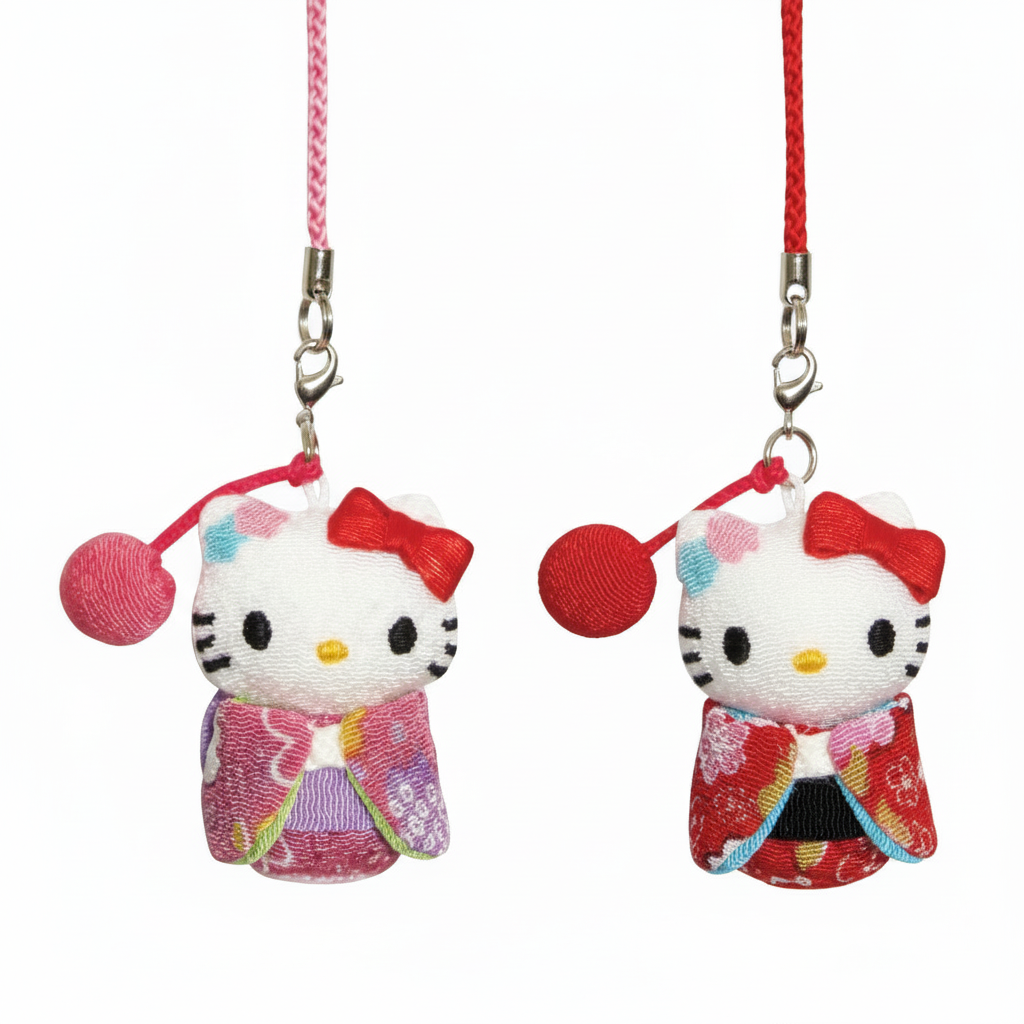 Sanrio Hello Kitty Japanese Doll Chirimen Netsuke Keychain (Crepe Pattern / Hand Drum)