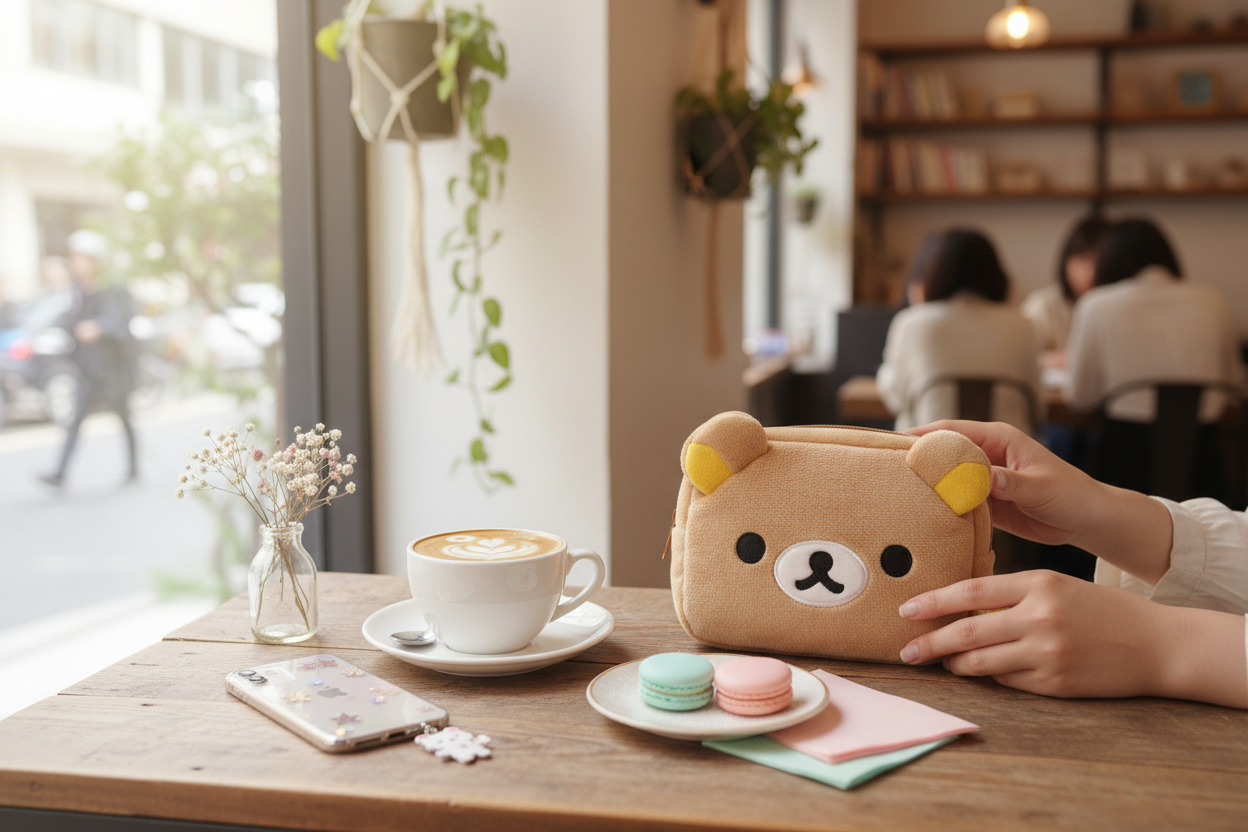 Rilakkuma plush multi case cafe lifestyle with latte and dessert