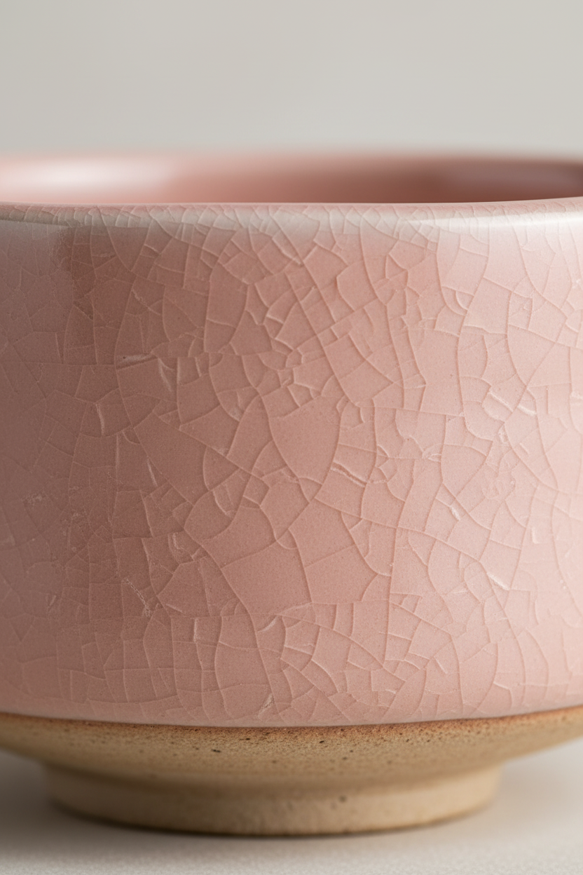 Close-up detail of Kannyu crackle glaze on pink ceramic bowl