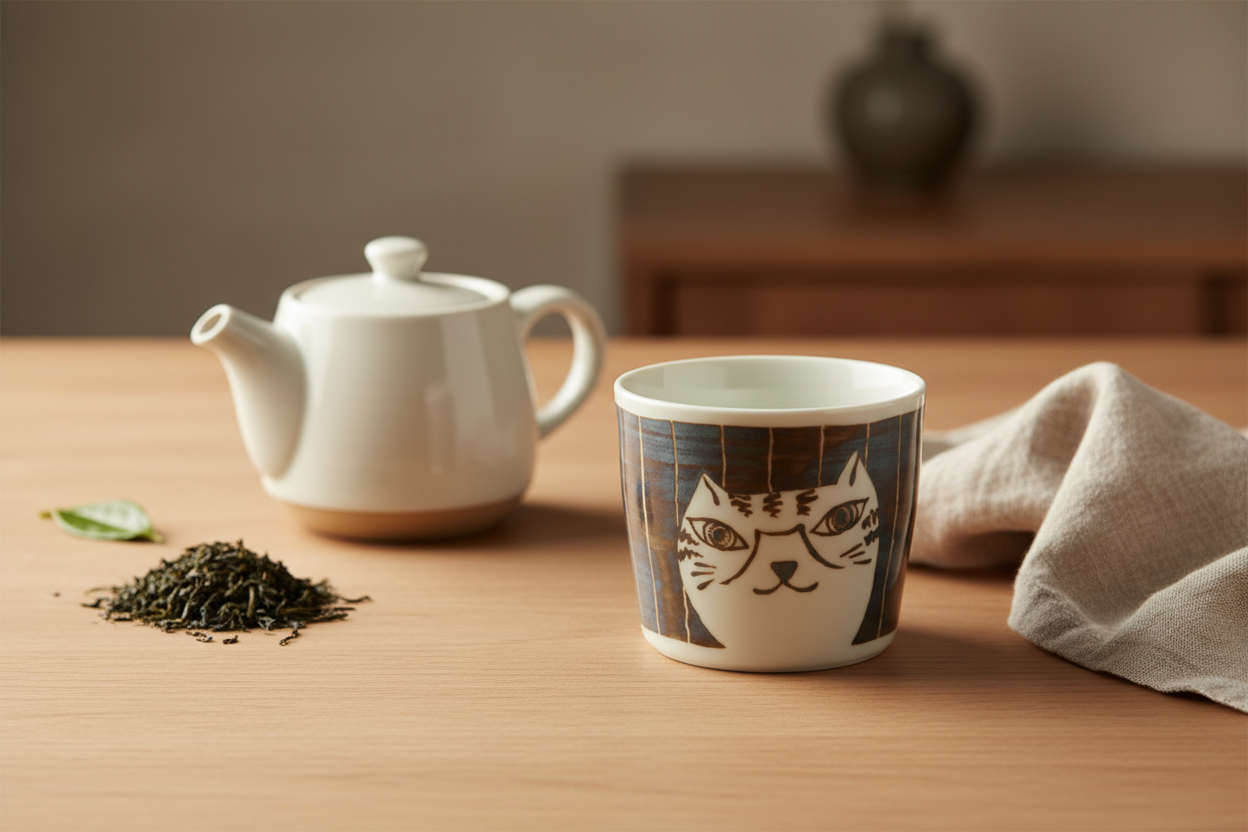 Nekomaruke Tamajima Cat Cup – Japanese tea lifestyle shot