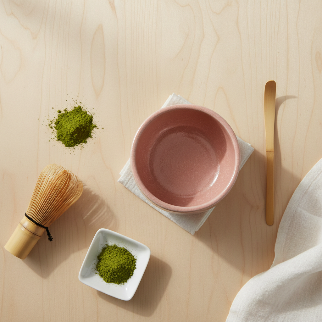 Pink matcha bowl flat lay with tea accessories overhead view
