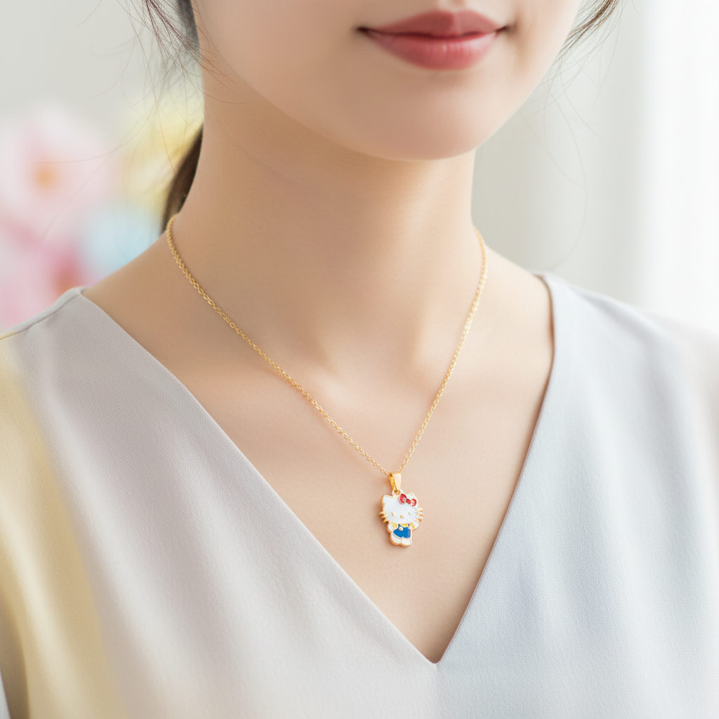 Gold Hello Kitty full body pendant necklace worn, neckline focus