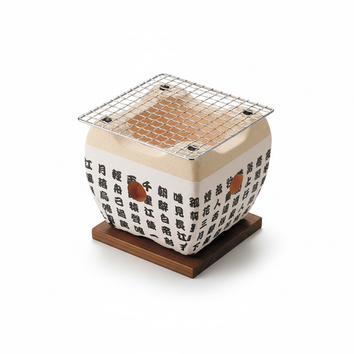 HIDA KONRO ceramic hibachi grill with iron mesh on white background