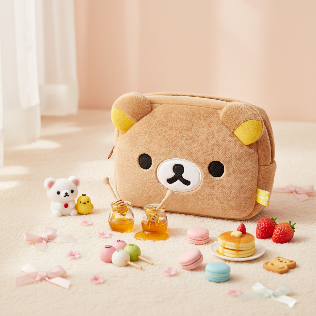 Rilakkuma plush multi case with sweet Rilakkuma props on pastel background