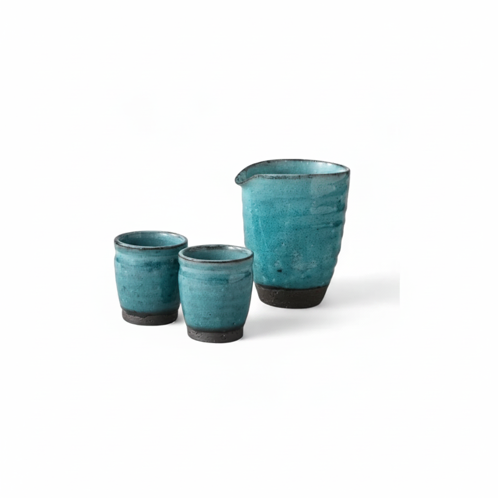 Kobiki blue ceramic cold sake set on white background