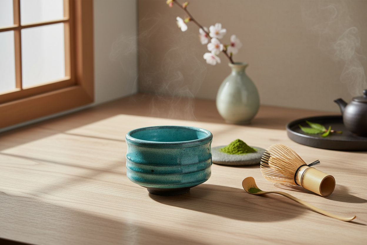 Japanese matcha bowl with bamboo whisk tea ceremony setup