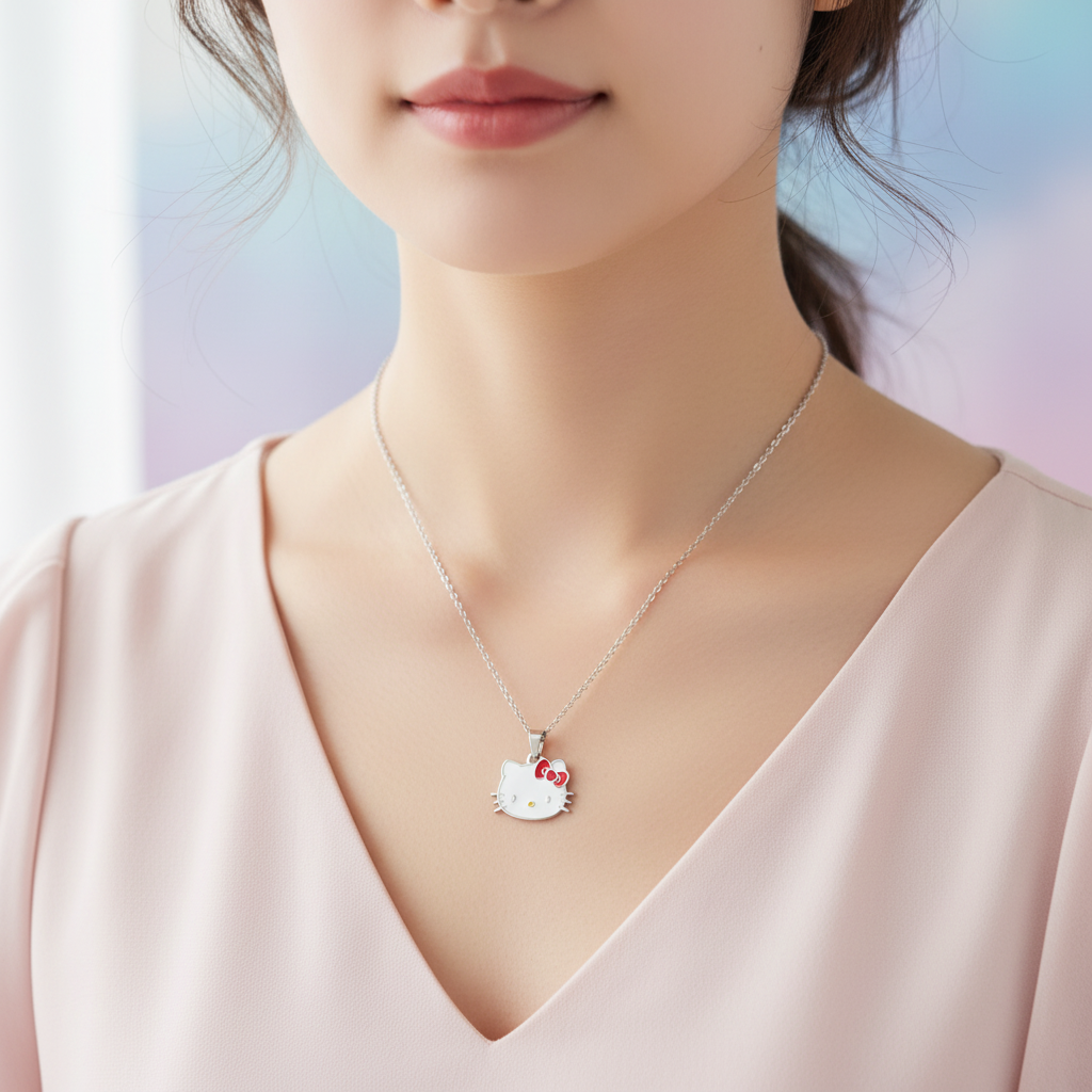 Silver Hello Kitty face pendant necklace worn, neckline focus