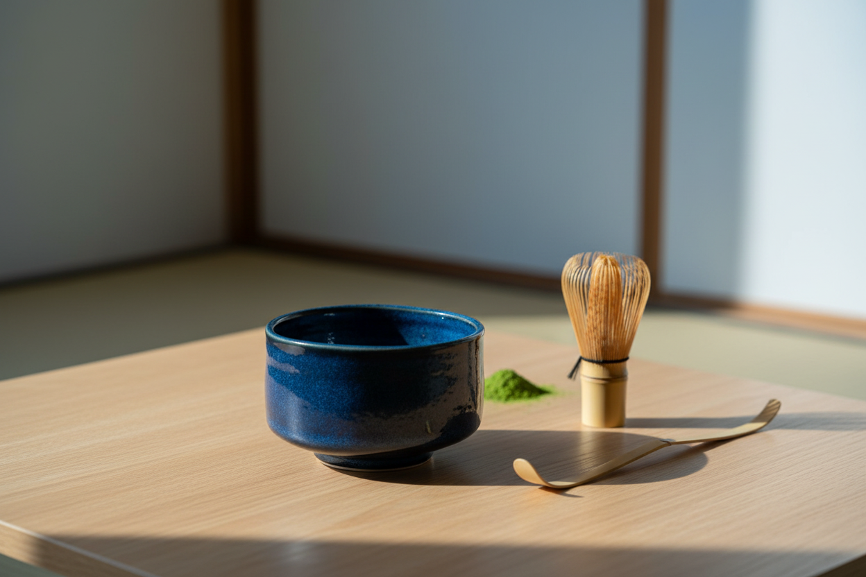 Navy blue matcha bowl with bamboo whisk tea ceremony setup