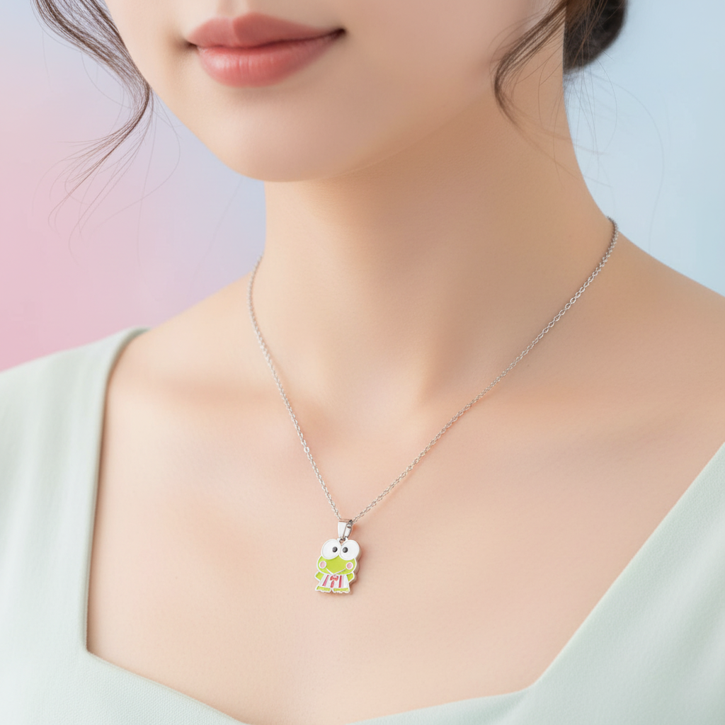 Keroppi full body pendant necklace worn, neckline focus