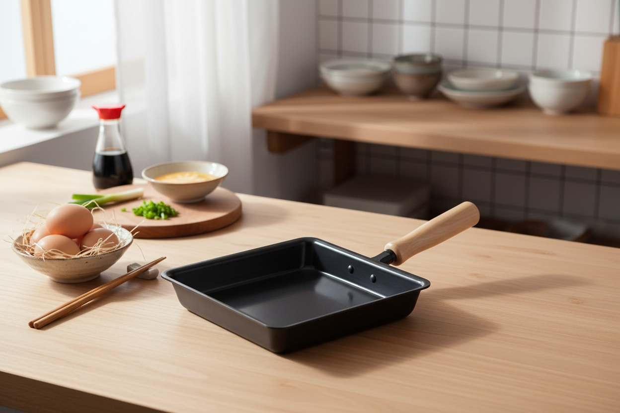 Tamagoyaki pan with eggs and cooking utensils kitchen lifestyle