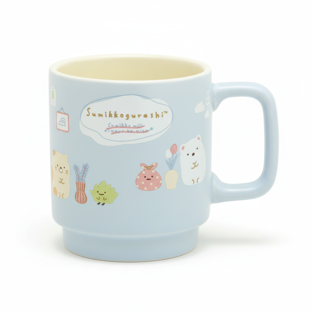 Sumikko Gurashi blue stackable mug professional product photo on white background