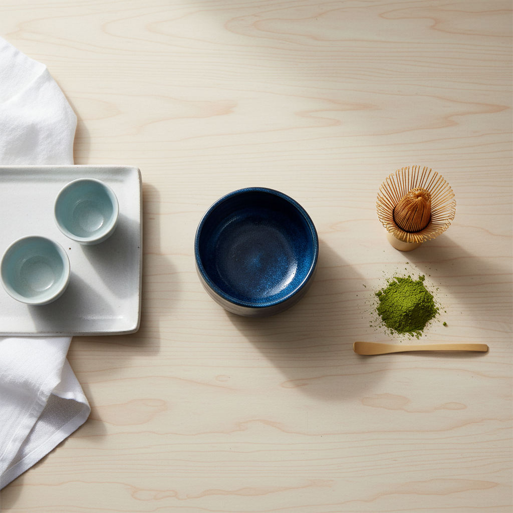Navy blue matcha bowl flat lay with tea accessories