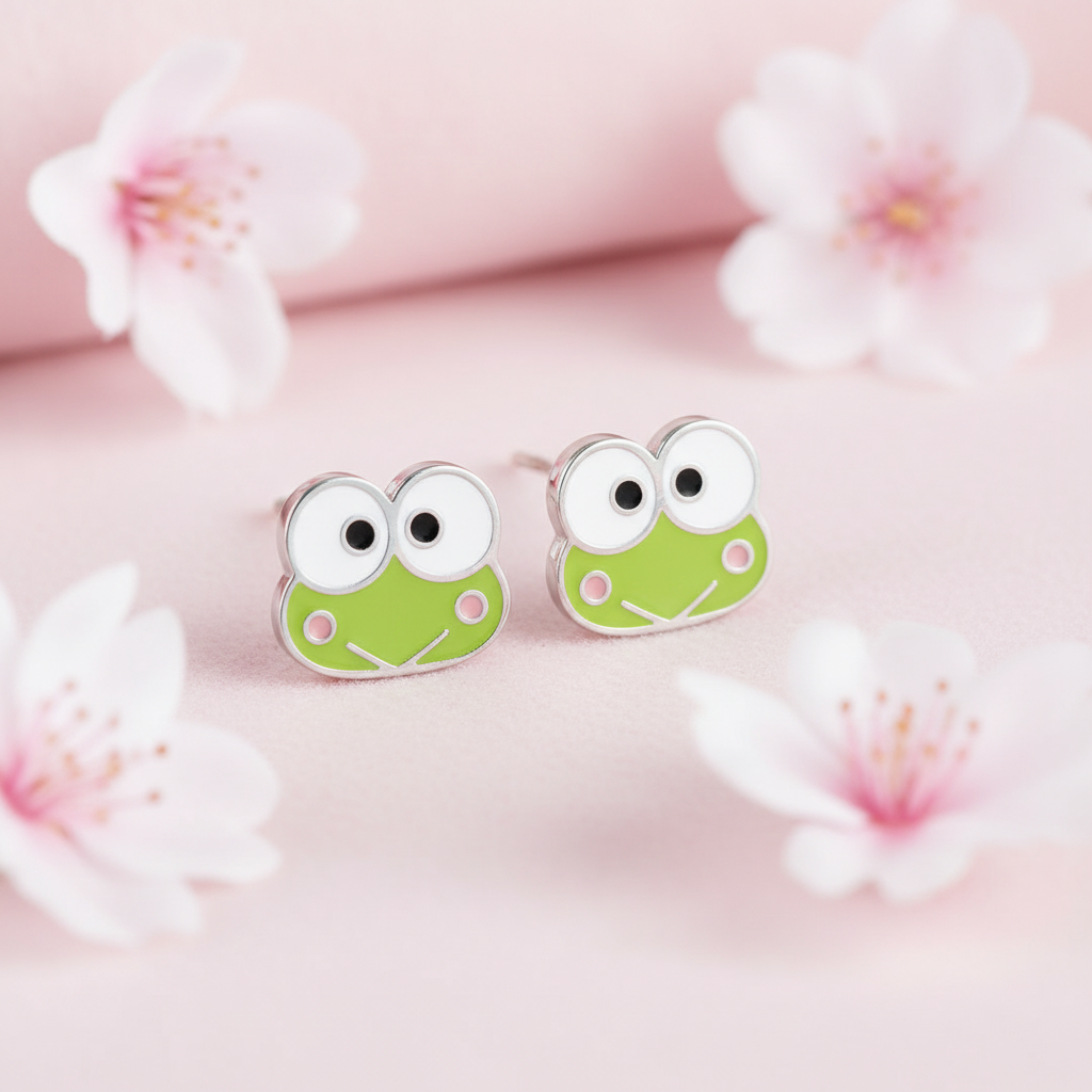 Keroppi frog stud earrings close-up with cherry blossoms