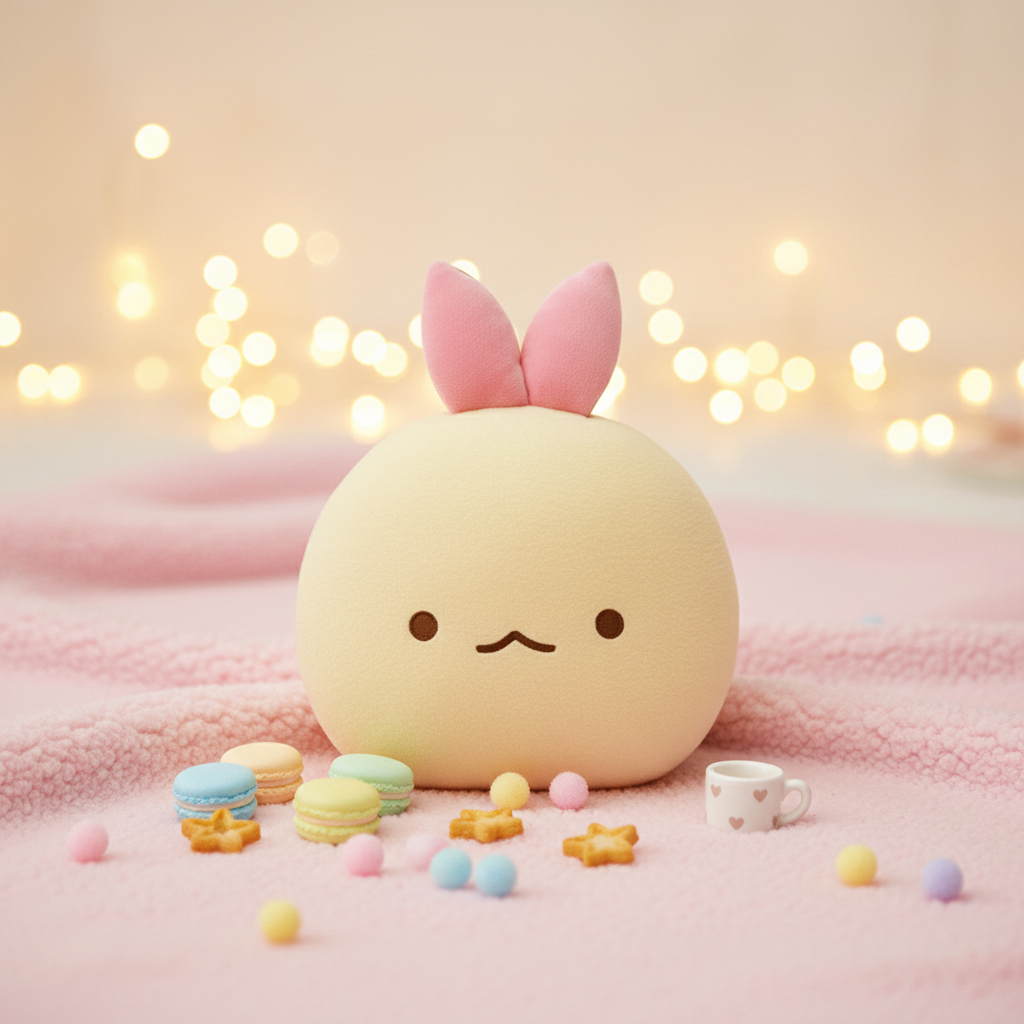 Ebiten's Tail cushion plush in a cozy kawaii scene with fairy lights and pastel props