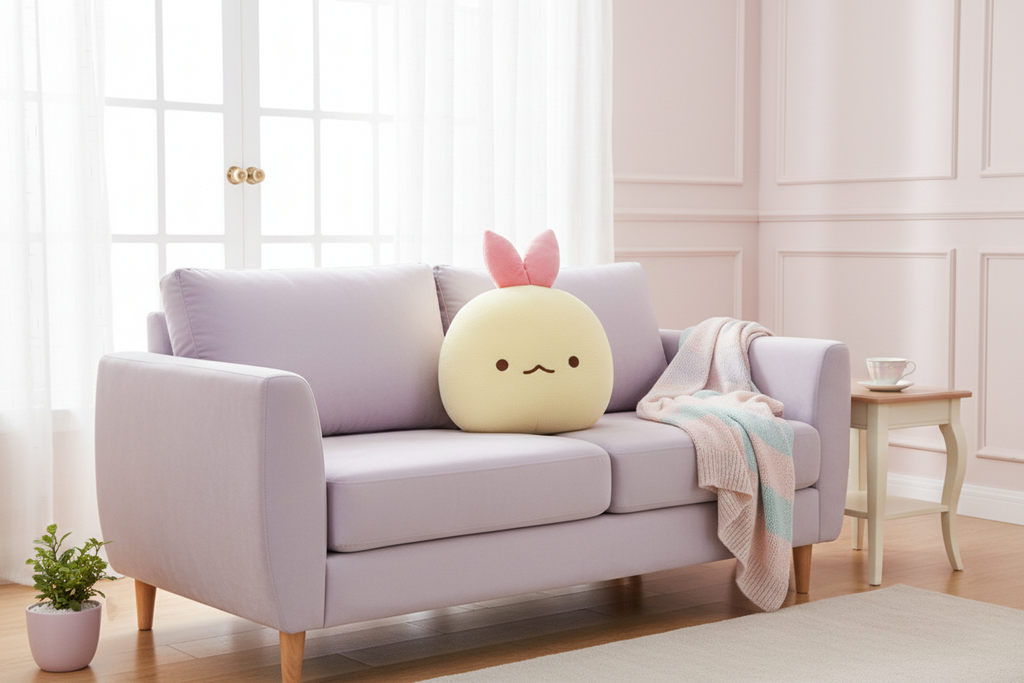 Ebiten's Tail cushion plush on a pastel sofa in a dreamy airy living room