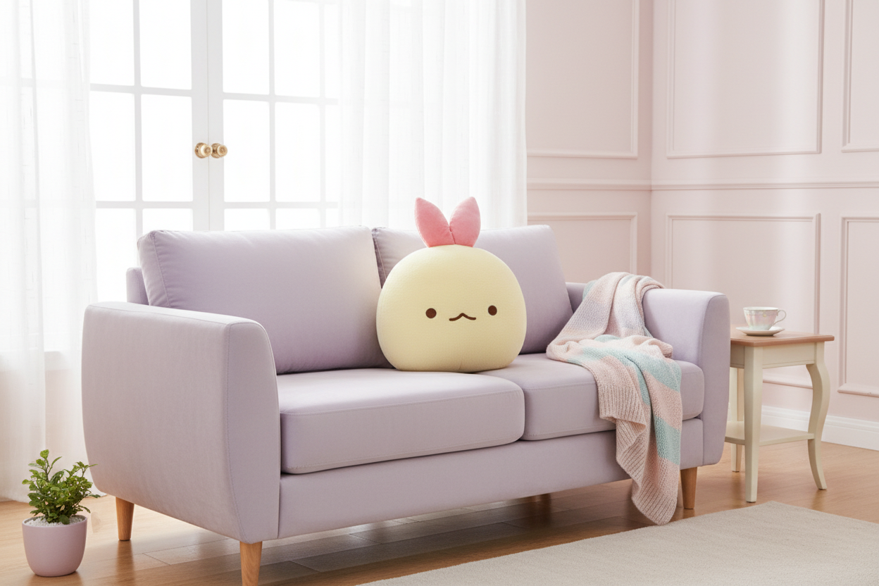 Ebiten's Tail cushion plush on a pastel sofa in a dreamy airy living room