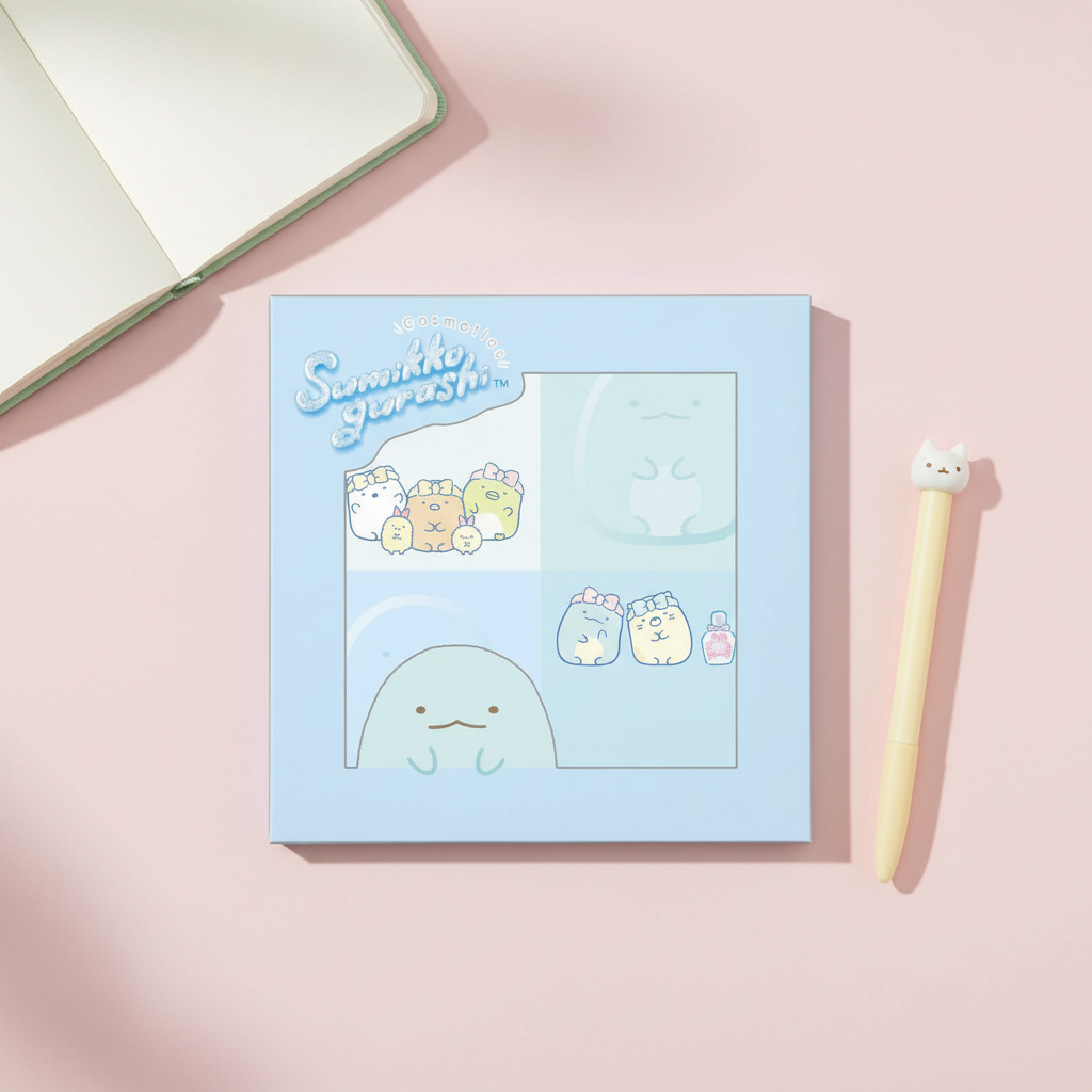Sumikko Gurashi Palette Sticky Notes lifestyle flat lay on pastel pink desk with pen and notebook