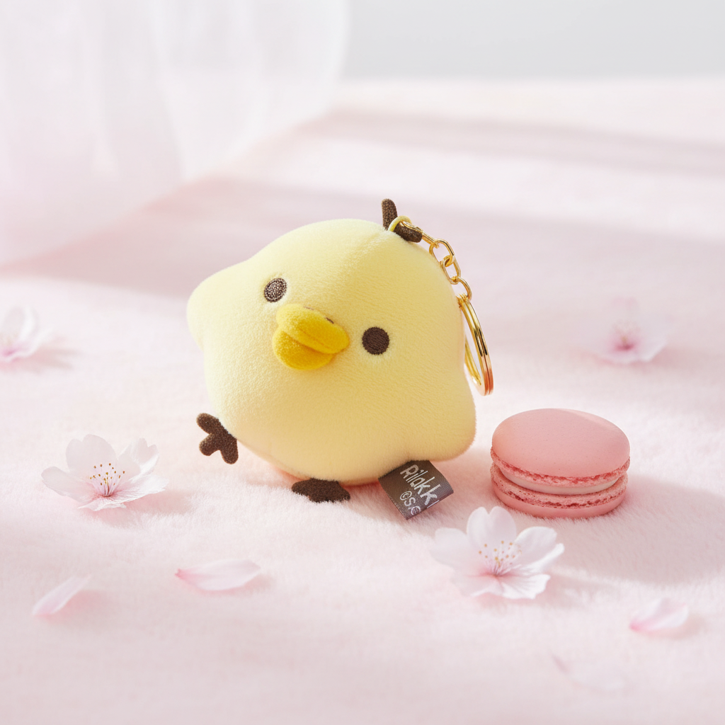 Kiiroitori keychain charm on a soft pastel fluffy surface with cherry blossom petals and macaron